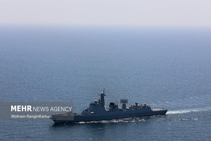 Military ships arriving in the maritime exercise area during Maritime Security Belt 2023.