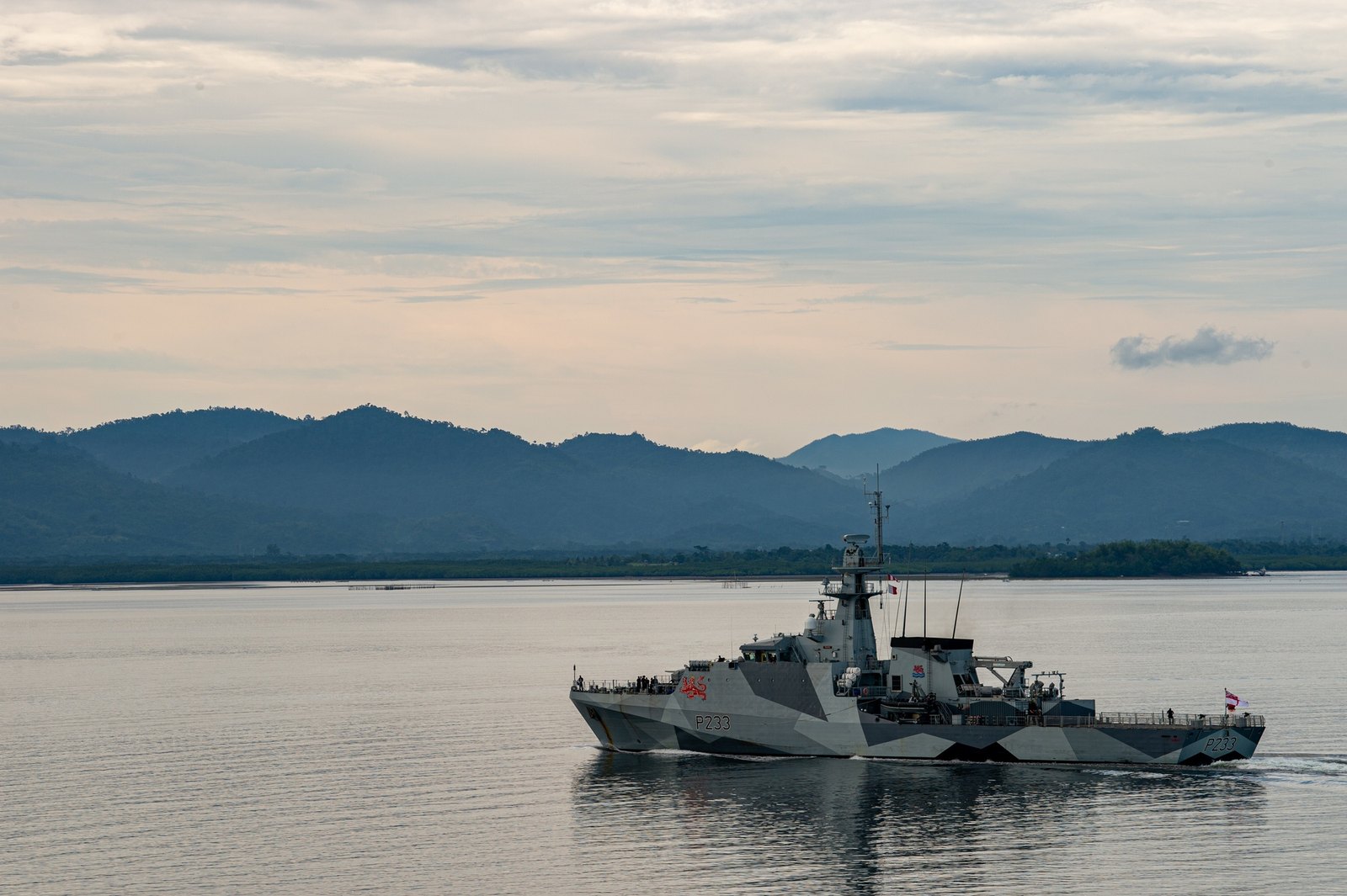 HMS Tamar, a Royal Navy patrol ship with hull number P233 and grey geometric camouflage, underway on calm water below forested hills.