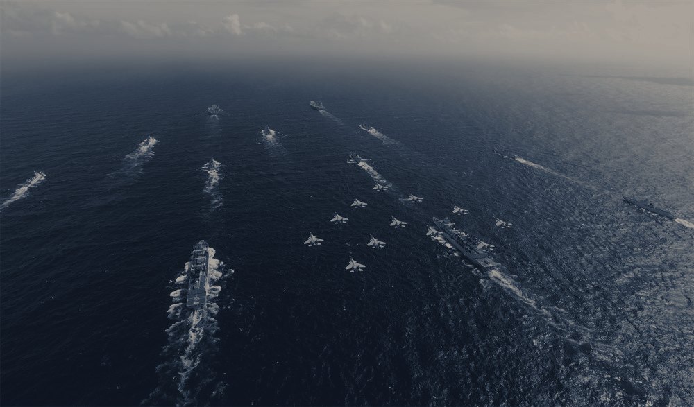 Photograph published with the cited source article “Fujian air wing / KJ-600 carrier qualifications”, rendered as a duotone background.