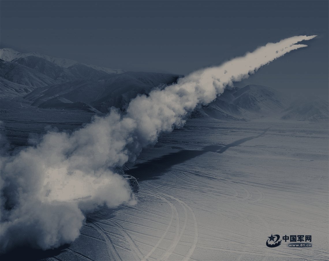 Photograph published with the cited source article “Rockets Roar Over the Karakoram — Training images, Xinjiang MD rocket artillery subunit”, rendered as a duotone background.